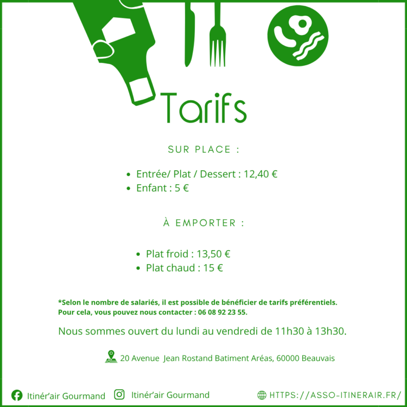 Les tarifs du restaurant d'Itinér'Air Gourmand